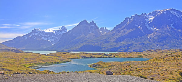 Panorama of the torres del paine national park in the patagonian andes of chile