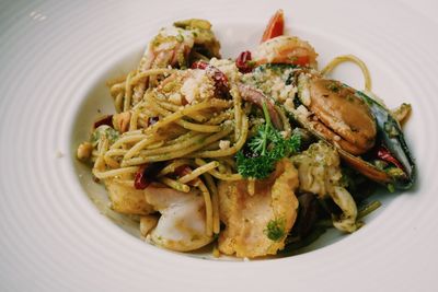 High angle view of food in plate on table