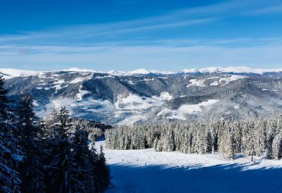 Scenic view of snowcapped mountains against sky