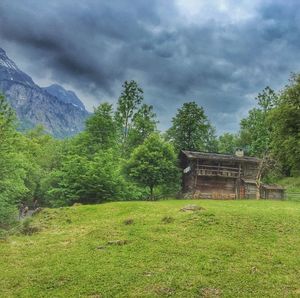 Scenic view of grassy field against cloudy sky