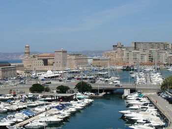 Boats moored in harbor