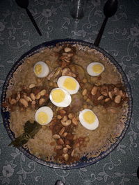 High angle view of breakfast served on table