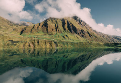 Scenic view of lake by mountains against sky