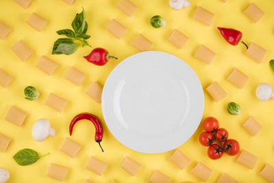 High angle view of fruits in plate on table