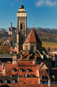 High angle view of buildings in town against sky