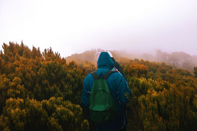 Rear view of man hiking in the forest  against sky at elephant hill, aberdares, kenya 