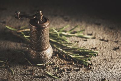 Close-up of antique peppermill on field