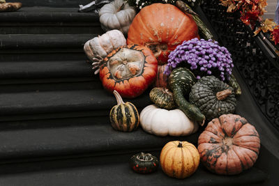 High angle view of pumpkins on table