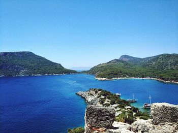 Scenic view of sea against clear blue sky