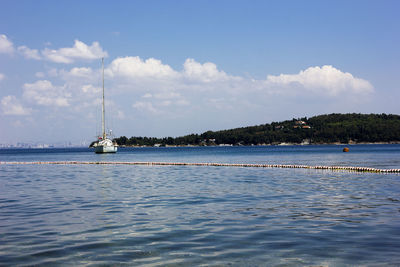 Sailboat sailing on sea against sky