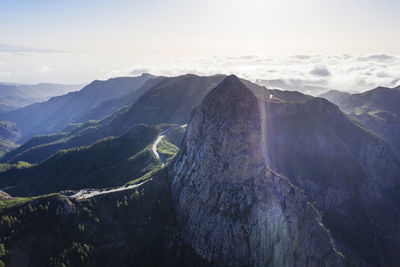 High angle view of mountain range against cloudy sky