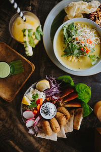 High angle view of meal served on table