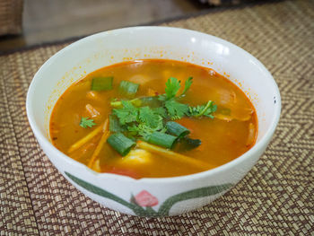 High angle view of soup in bowl