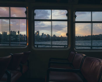 Buildings in city seen through ferry window