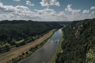 Panoramic view of landscape and river against sky