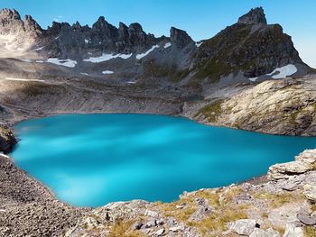 Scenic view of lake and rocks against blue sky