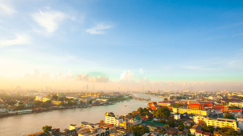 High angle view of harbor against sky