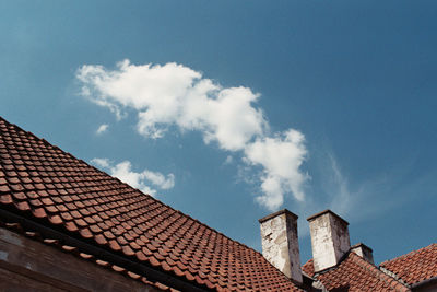 Low angle view of building roof against sky