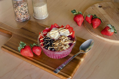 High angle view of breakfast in bowl on table