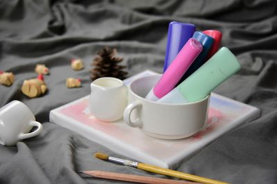 High angle view of coffee cup on table