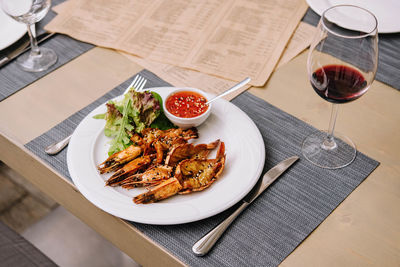 High angle view of food in plate on table