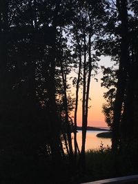 Silhouette trees by lake against sky during sunset