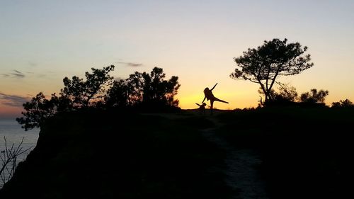 Silhouette trees on field against sky during sunset