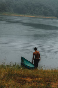 Full length of man standing on lake