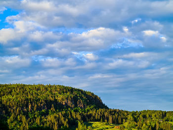 A green hill in the evening against a blue sky in summer