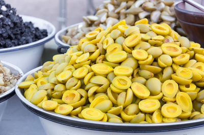 High angle view of vegetables in bowl at market stall