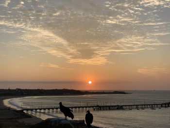 People on beach against sky during sunset
