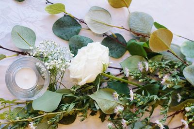 High angle view of rose on table