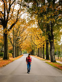 Full length rear view of man walking on road in forest