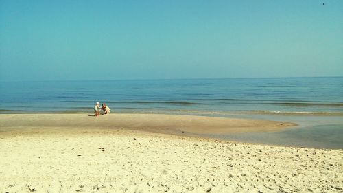 Mid distant view of girls playing on sea shore at beach against clear sky