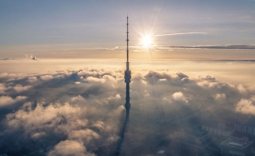 Scenic aerial view of the ostankino tower during sunrise