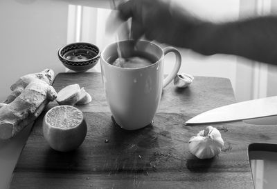 High angle view of coffee cup on table