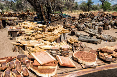 Stack of logs on wooden table in forest