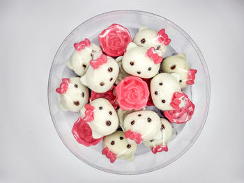 High angle view of candies in bowl