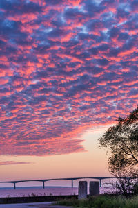 Scenic view of landscape against cloudy sky at sunset