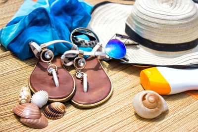 High angle view of shells on table