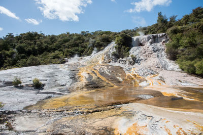 Scenic view of waterfall against sky