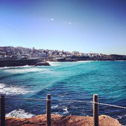 View of sea with cityscape in background