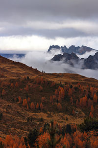 Autumn alpine landscape. dolomites of italy. scenic view of landscape against sky.