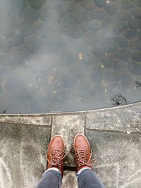 Low section of woman standing by pond