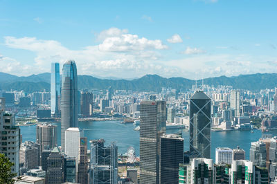 Victoria harbour view from mid level of victoria peak. the most famous and iconic view of hong kong. 