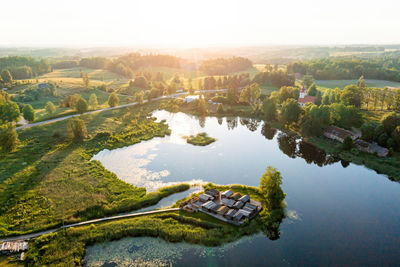 The reconstruction of the viking age ancient fortress in the small lake island, latvia