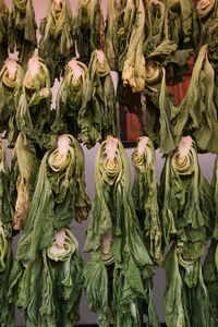 Bok choys hanging on string for sale at market