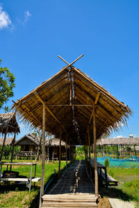 Built structure on field against clear blue sky