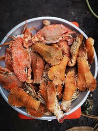 High angle view of steamed sea food. 