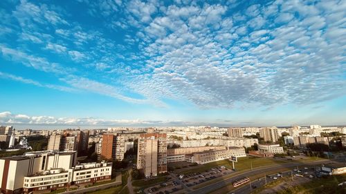 High angle view of buildings against sky